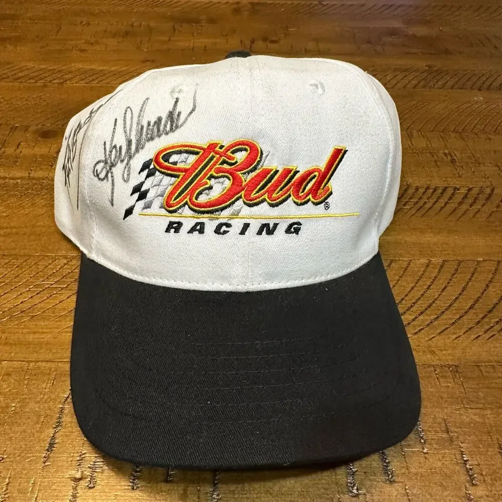 Vintage BUD Racing Cap Crew Autographed Strapback Hat Made - Big Stitched Logo